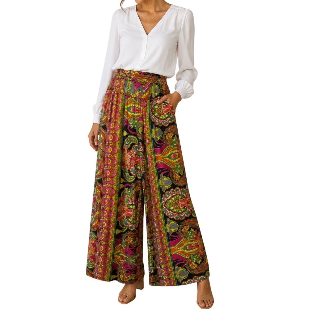Uptown USA Palazzo Pants Womens Medium Multicolor Paisley High Waist Wide‎ Leg